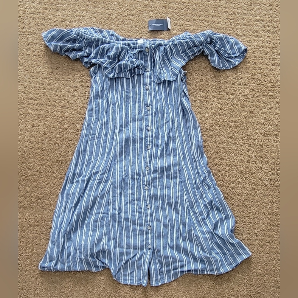 American Eagle Blue Striped Off-Shoulder Dress